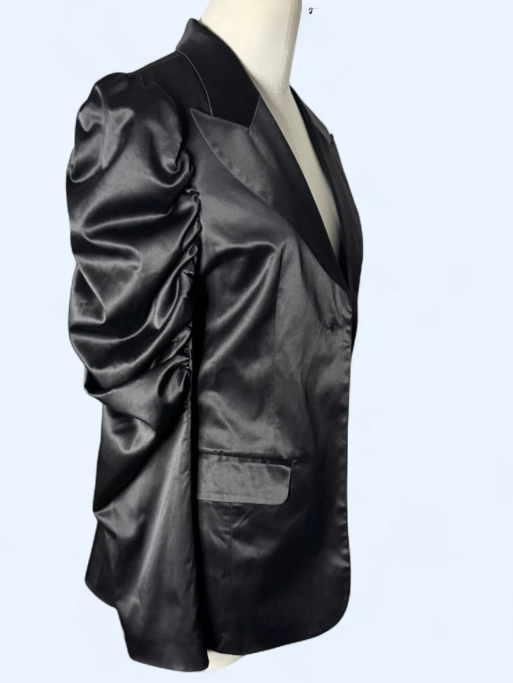 Jenny Han Black Satin Puff-Sleeve Blazer bog lapels dramatic sleeve sz L